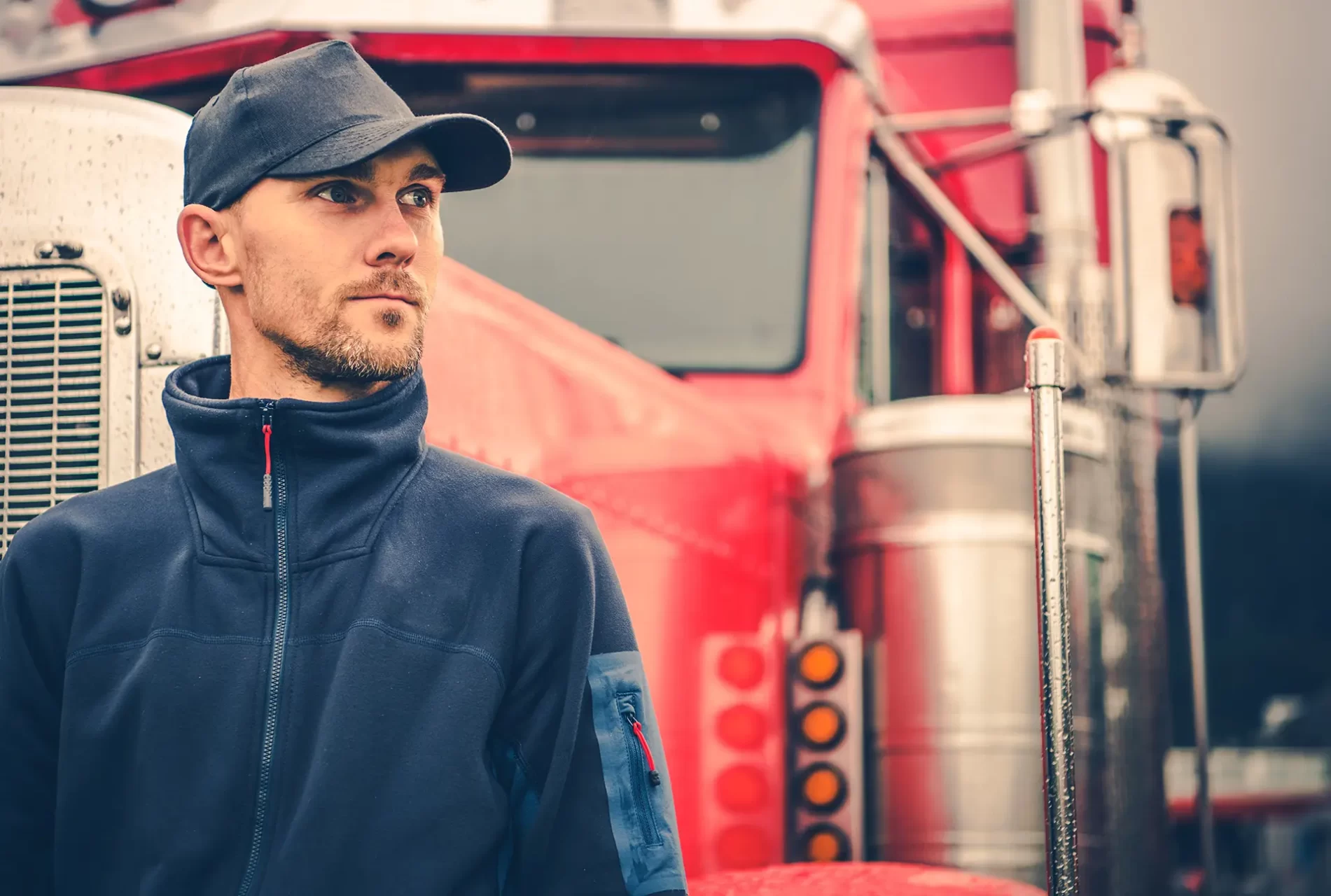 a truck driver posing in front of his red truck